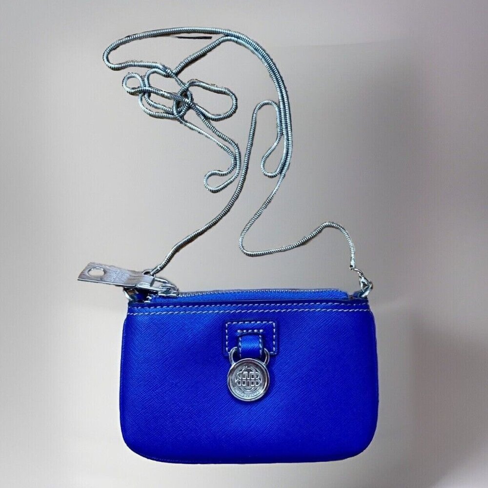DANA BUCHMAN Blue Zip Wallet Purse Metal - Crossbody Strap - Logo Pendant EUC